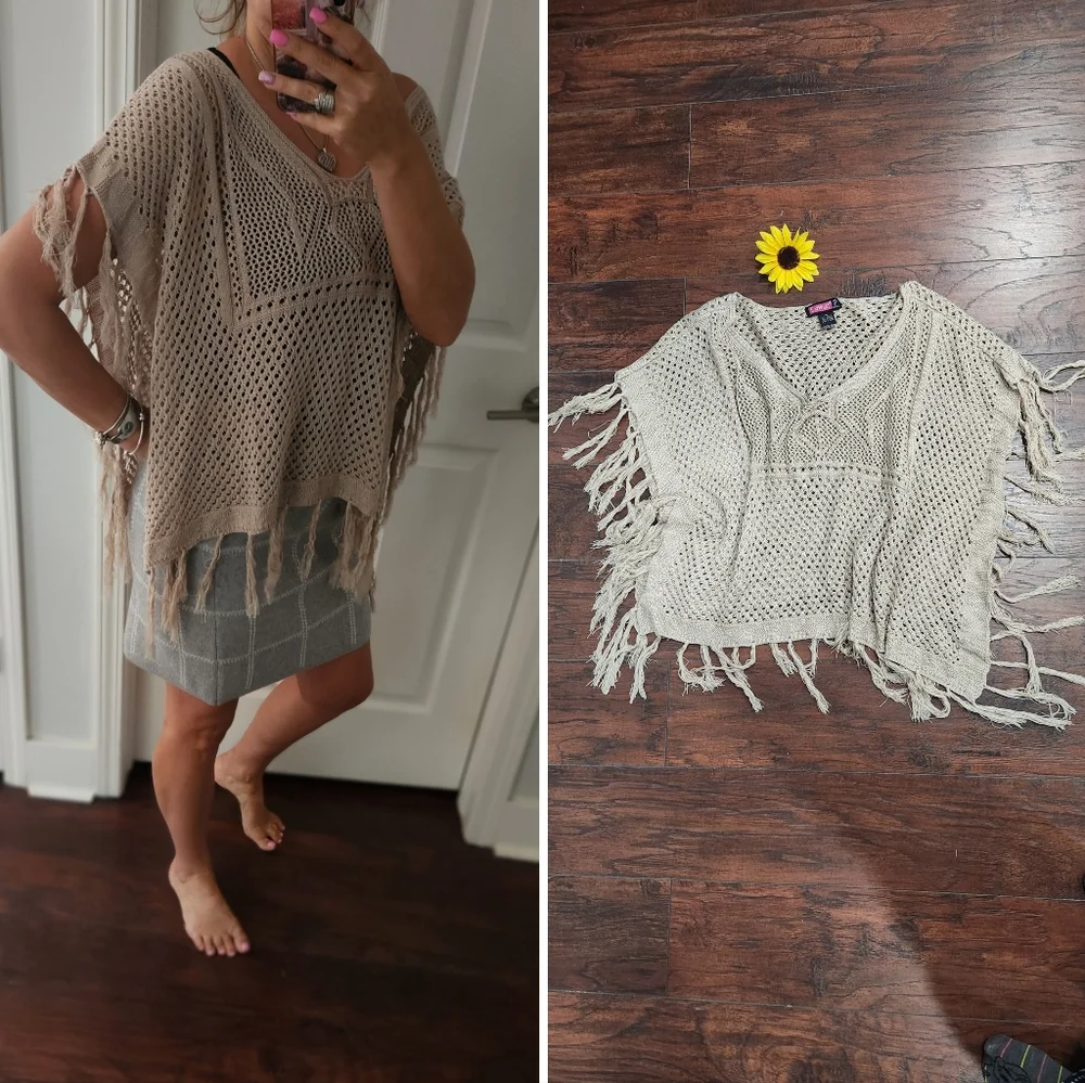 Boho Knit Crochet Poncho Fringe Sweater XL - Picture 2 of 11